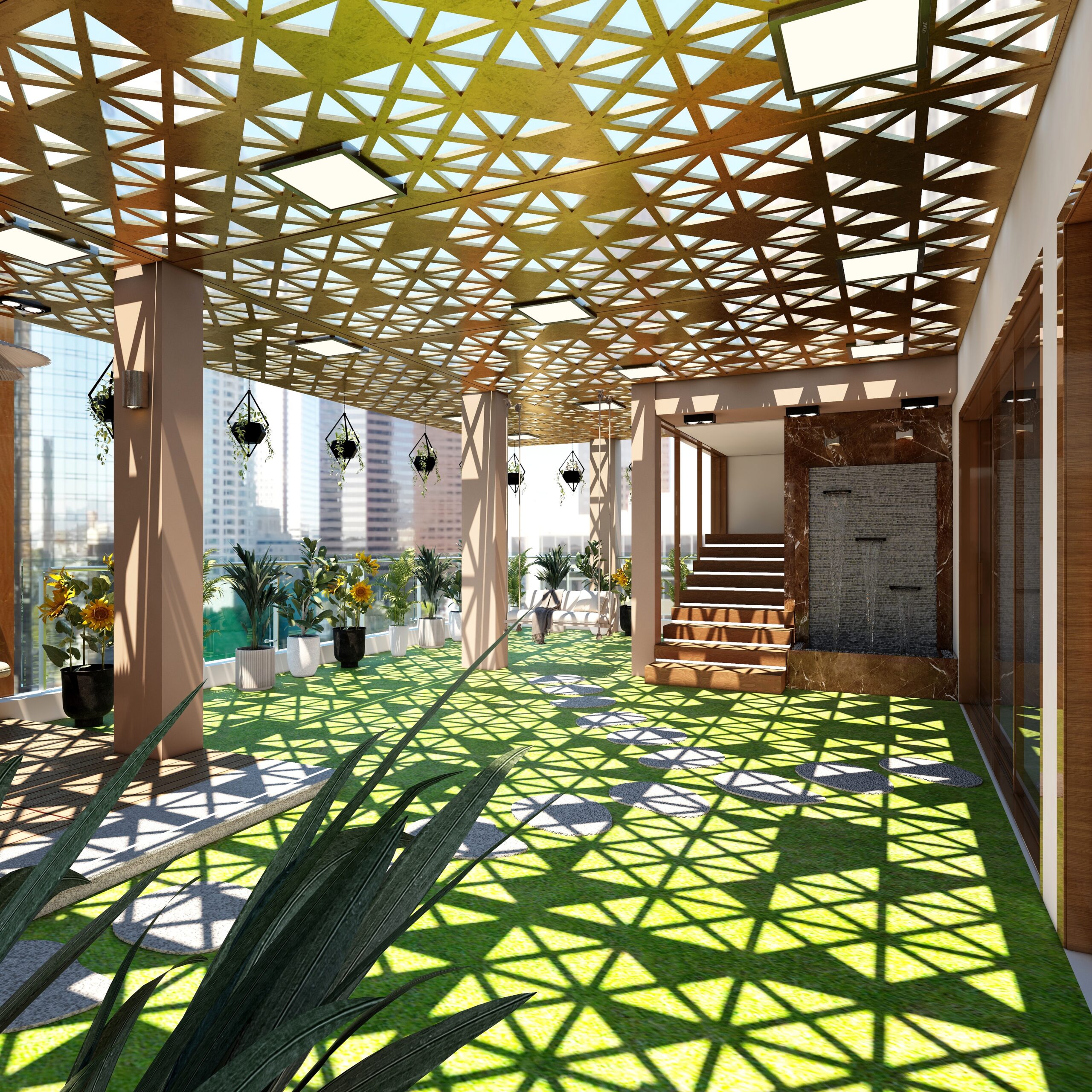 3D architectural rendering of a luxury penthouse rooftop terrace garden featuring a geometric patterned gold pergola, a vibrant green artificial grass lawn with stone stepping paths, potted sunflowers, and a stone-clad wall waterfall cascade near outdoor stairs