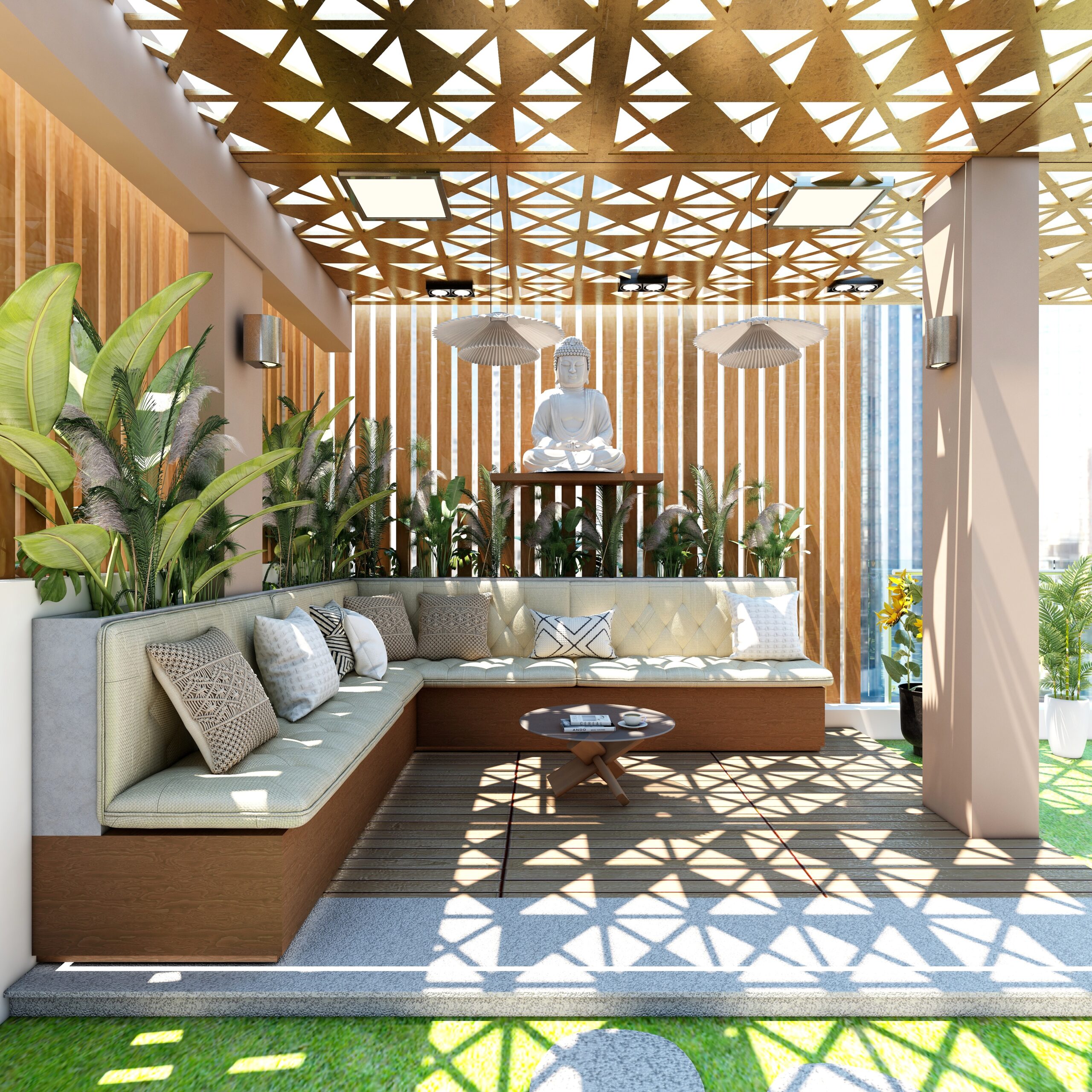 3D rendering of a luxury terrace garden lounge featuring a geometric patterned pergola roof, a custom L-shaped outdoor sectional sofa, a serene white Buddha statue set against wooden vertical slats, tropical green plants, and dramatic latticework shadows on a wooden deck