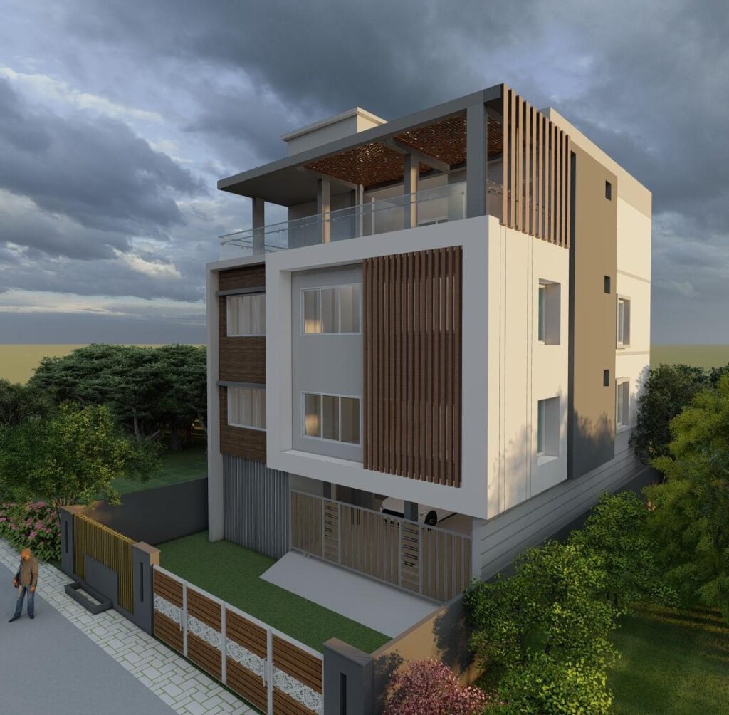 3D architectural rendering of a modern four-story residential building featuring a minimalist white and grey facade, vertical wooden louvers, a spacious top-floor terrace garden with a pergola, and a coordinated front boundary gate