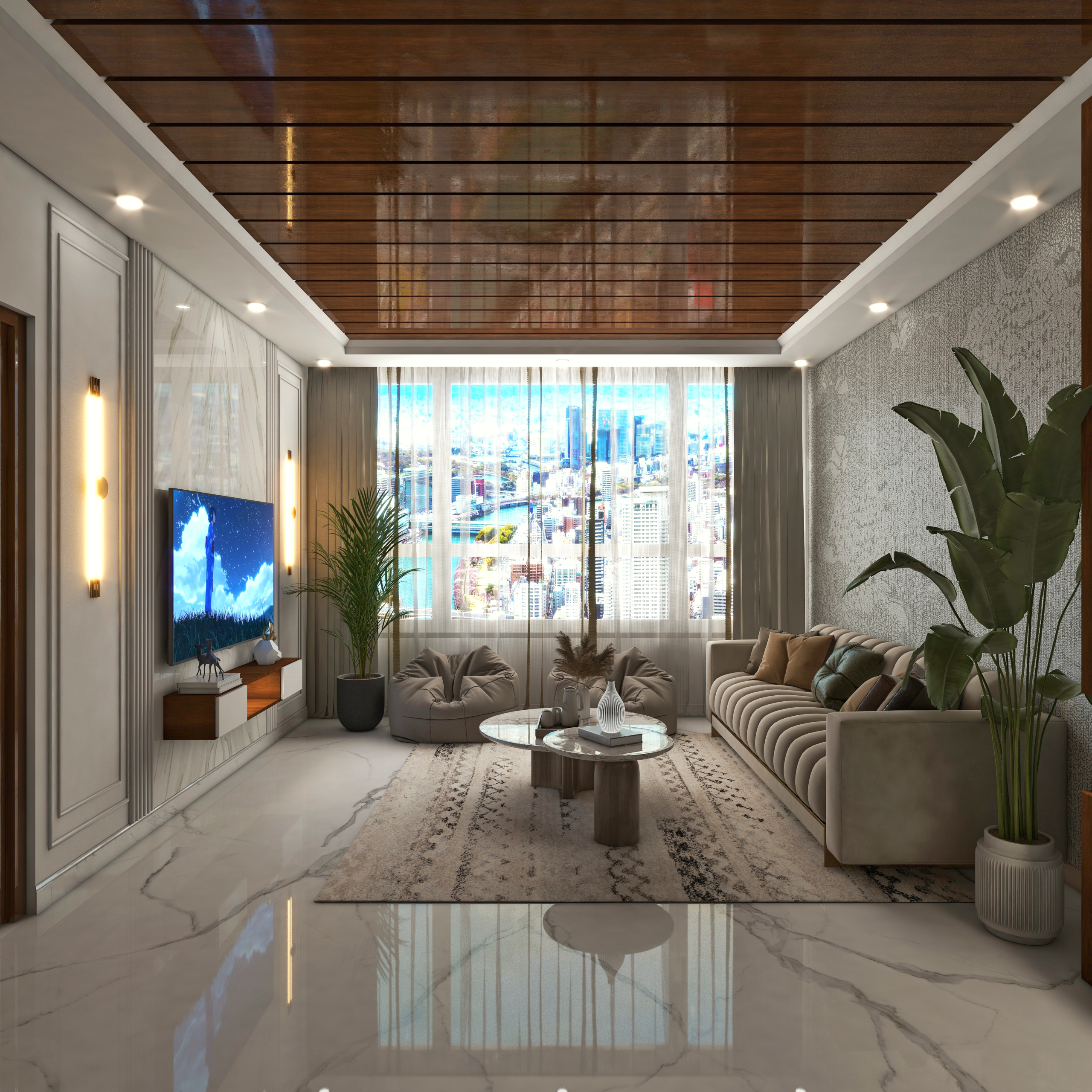 3D rendering of a luxury modern living room featuring a high-gloss linear wooden plank ceiling, a white marble accent TV wall with vertical fluted details and long gold tube sconces, a plush tufted cream sofa, and a large window overlooking a city skyline