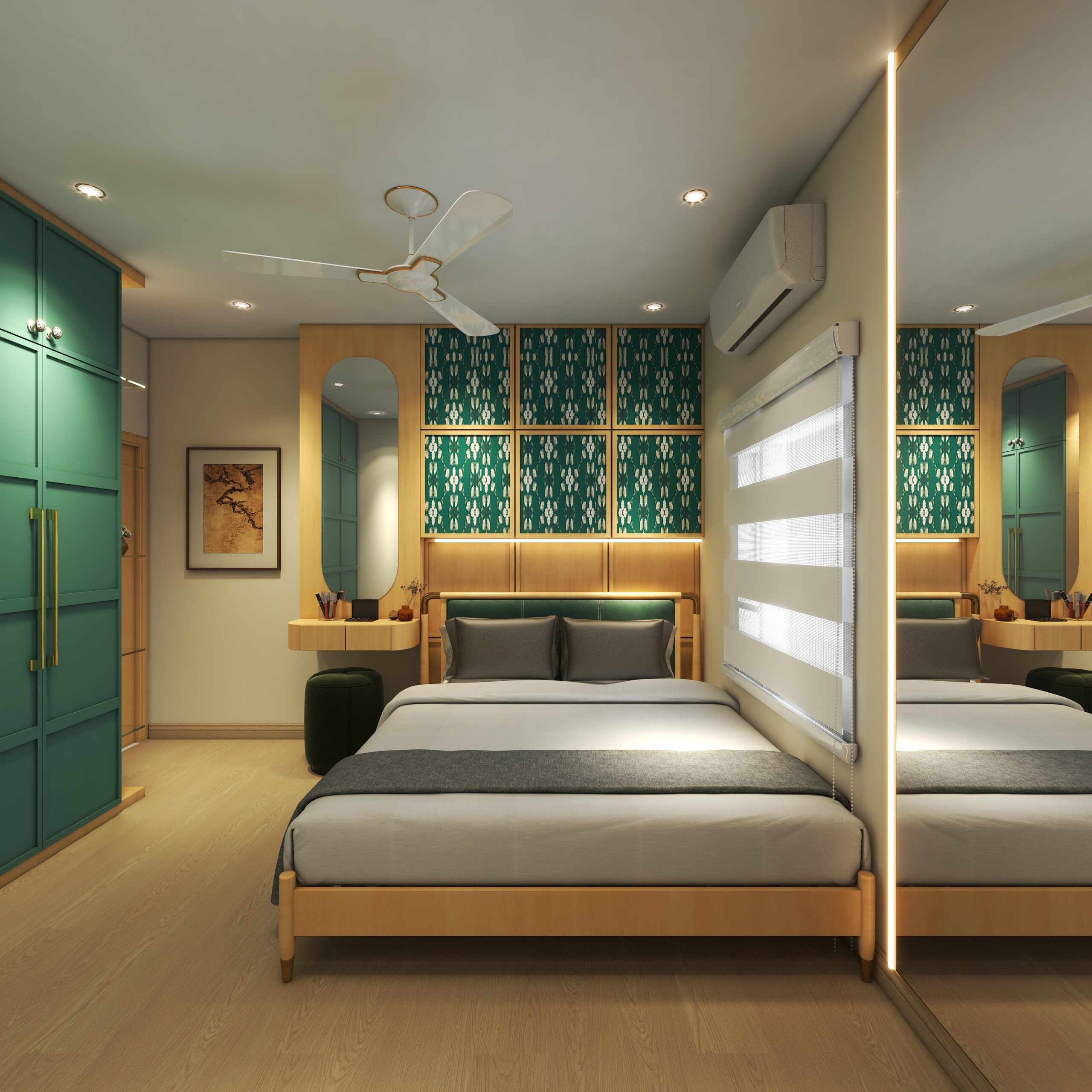 3D rendering of a modern bedroom interior showcasing a teal green wardrobe, a light wood bed with upholstered teal headboard, overhead storage cabinets with teal patterned inserts, a floating dressing table with a capsule mirror, zebra window blinds, and a large full-length mirror wall with vertical LED strip lighting